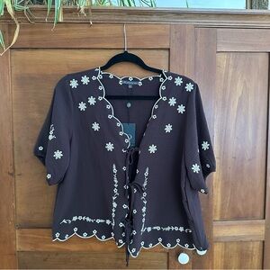 Adrianna Papell Brown Floral Embroidered Blouse